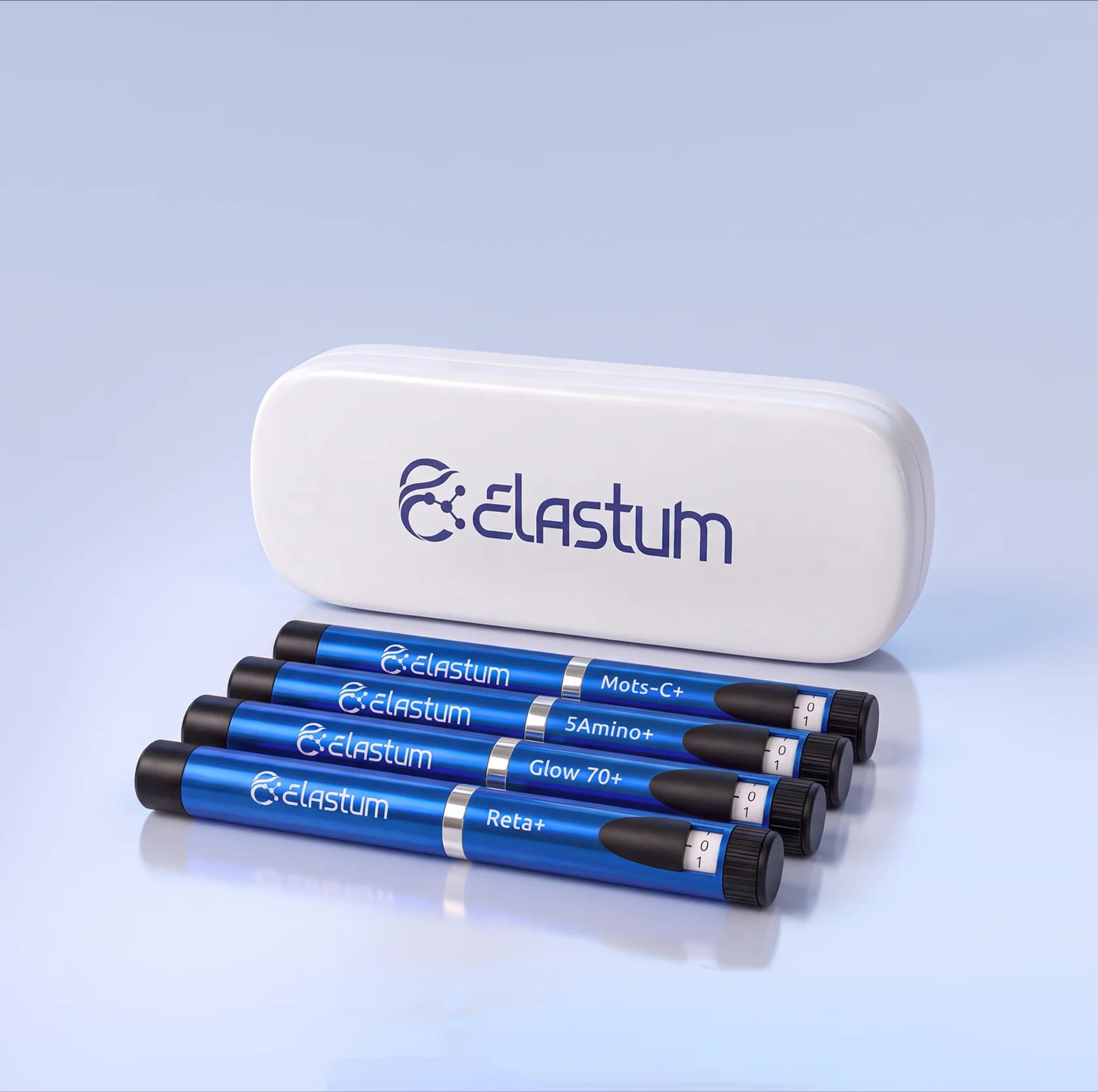 Четыре синие шприц-ручки ELASTUM в фирменном футляре